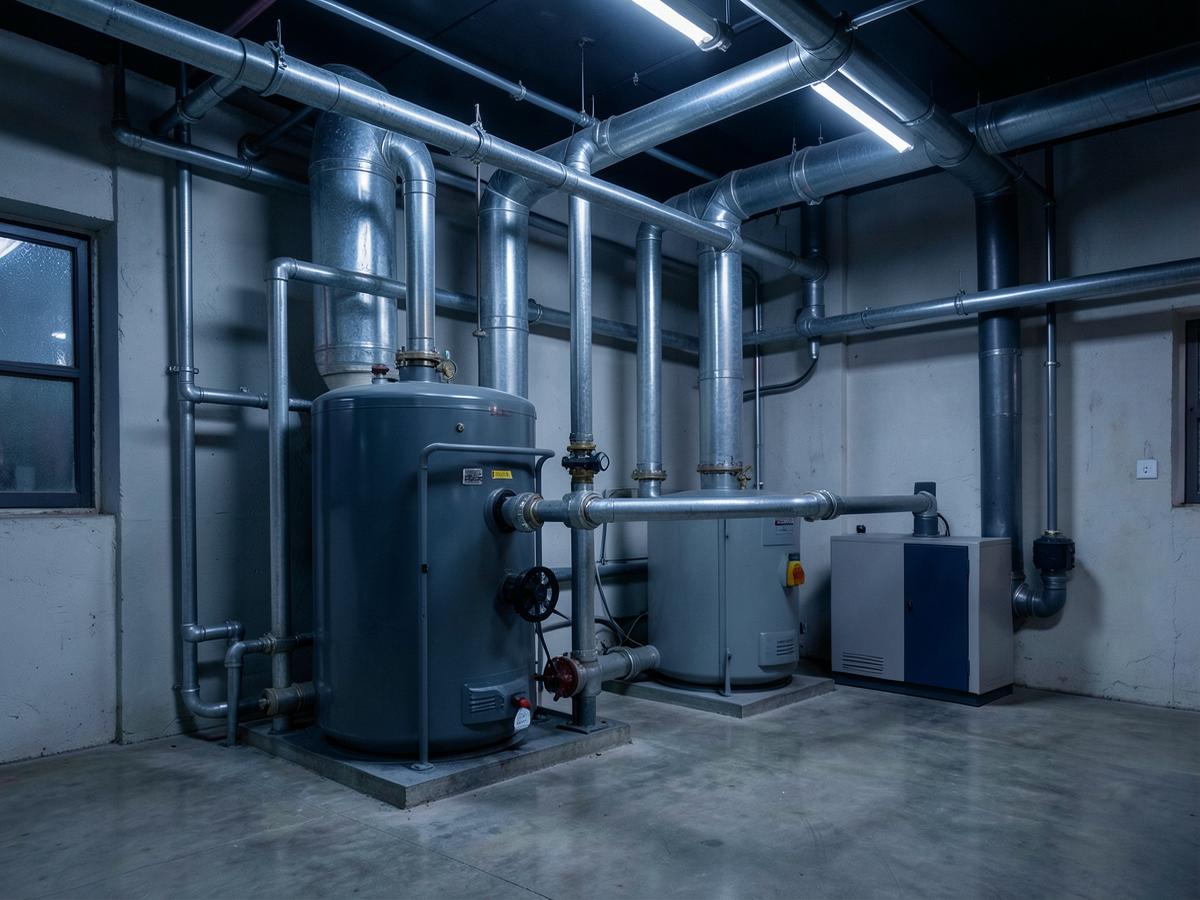 Commercial plant room with boilers and steel pipework