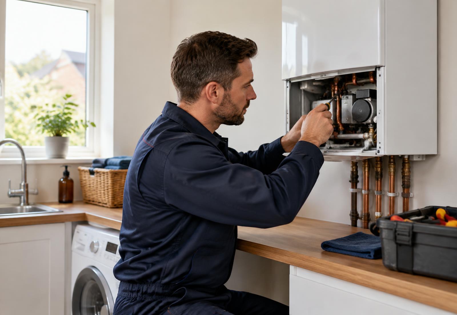 VPH engineer servicing a modern combi boiler in a Greater Manchester home